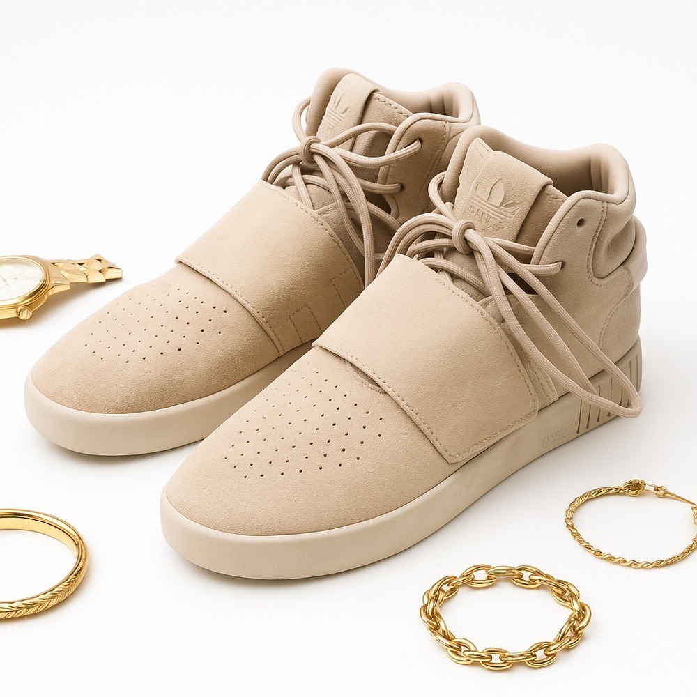 adidas Tubular Invader Strap Beige High Top Sneakers Men's Size 8 Streetwear EUC - Picture 4 of 14